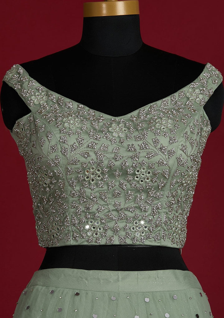 Pista Green Silver Stonework Net Designer Lehenga - Koskii
