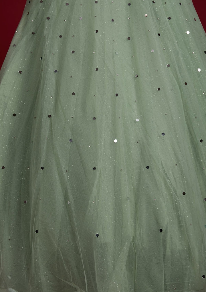 Pista Green Silver Stonework Net Designer Lehenga - Koskii