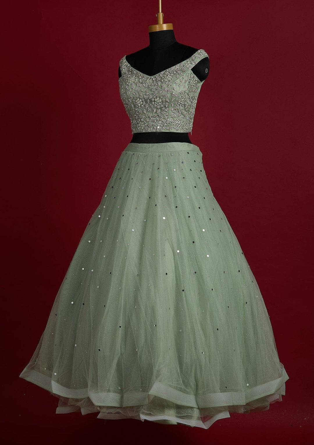 Pista Green Silver Stonework Net Designer Lehenga - Koskii