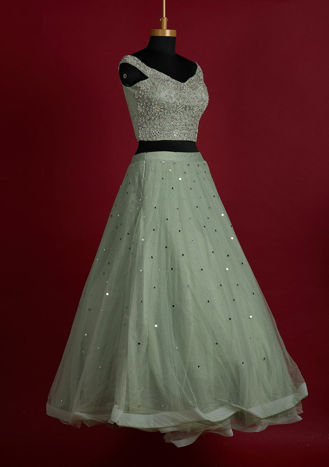 Pista Green Silver Stonework Net Designer Lehenga - Koskii