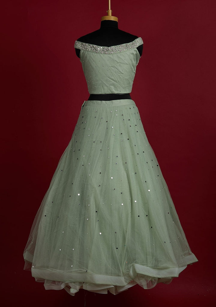 Pista Green Silver Stonework Net Designer Lehenga - Koskii