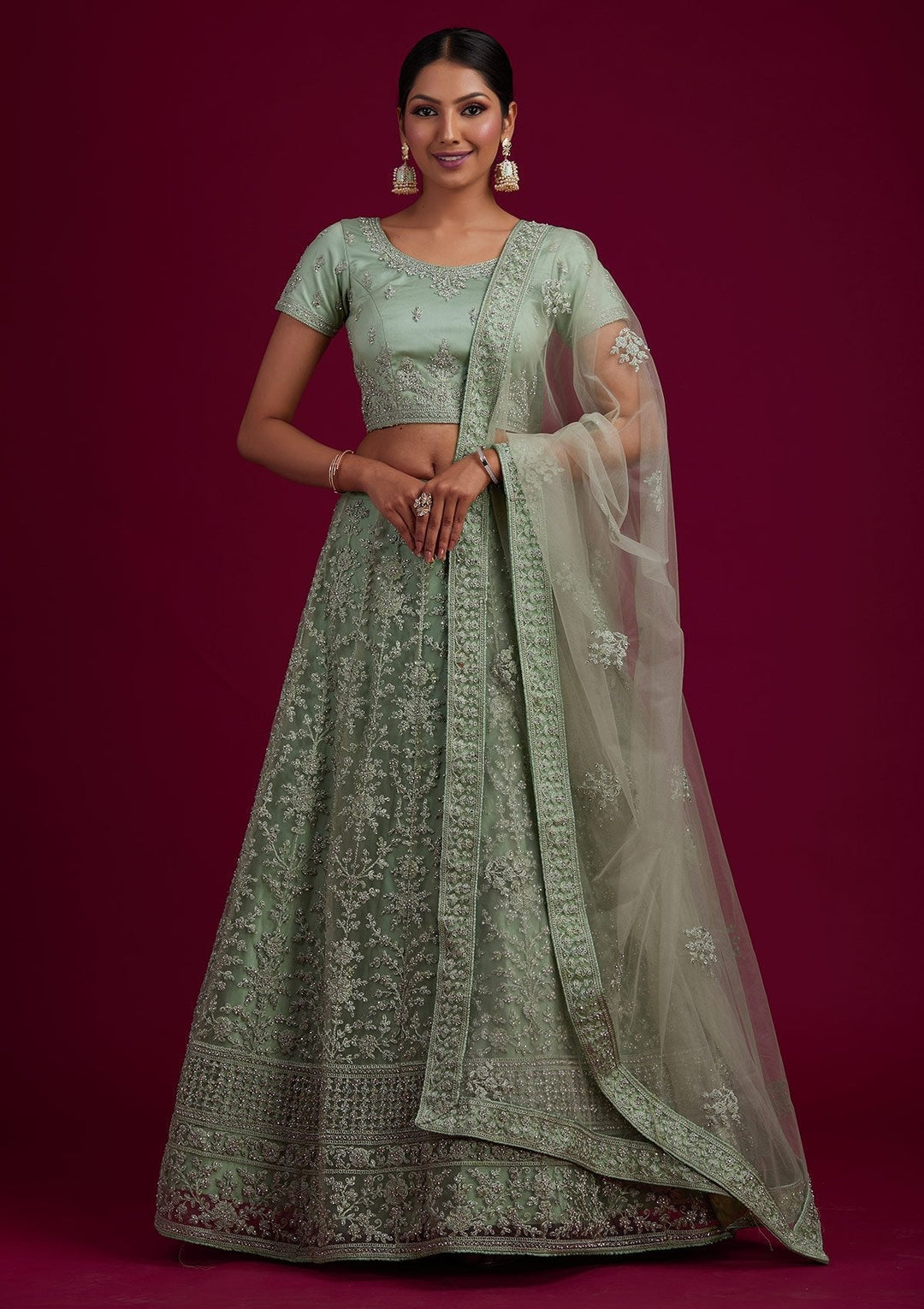 Pista Green Silver Stonework Net Designer Semi-Stitched Lehenga - koskii