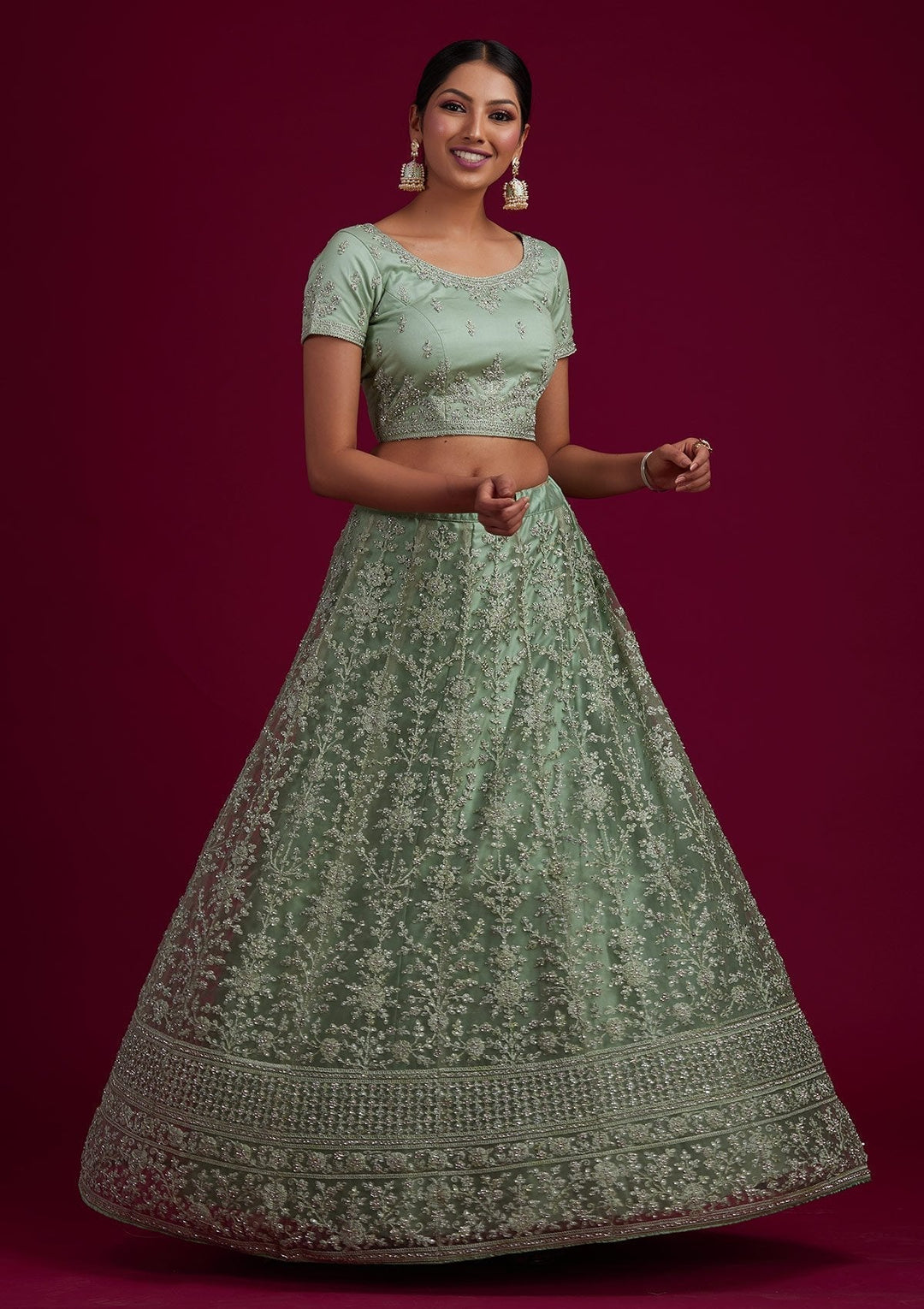 Pista Green Silver Stonework Net Designer Semi-Stitched Lehenga - koskii