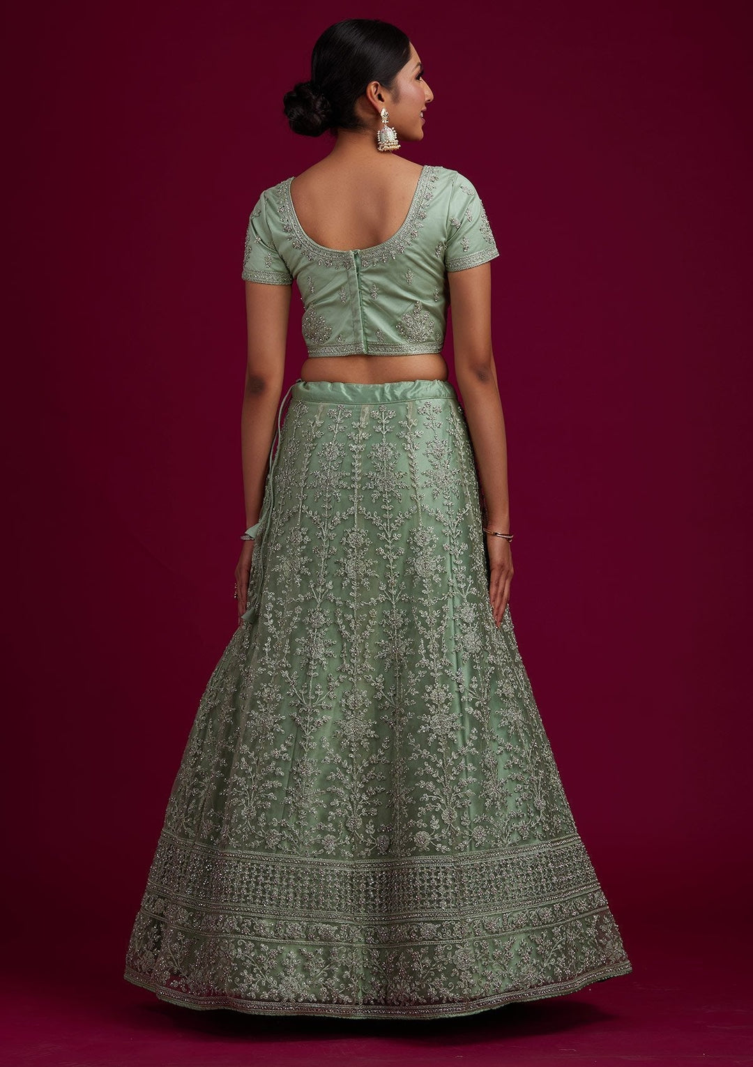 Pista Green Silver Stonework Net Designer Semi-Stitched Lehenga - koskii