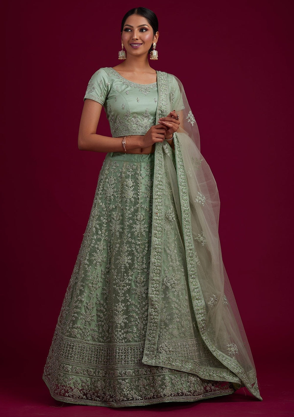Pista Green Silver Stonework Net Designer Semi-Stitched Lehenga - koskii
