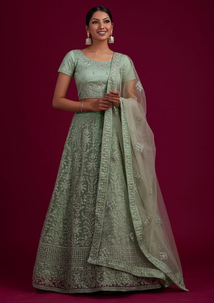 Pista Green Silver Stonework Net Designer Semi-Stitched Lehenga - koskii