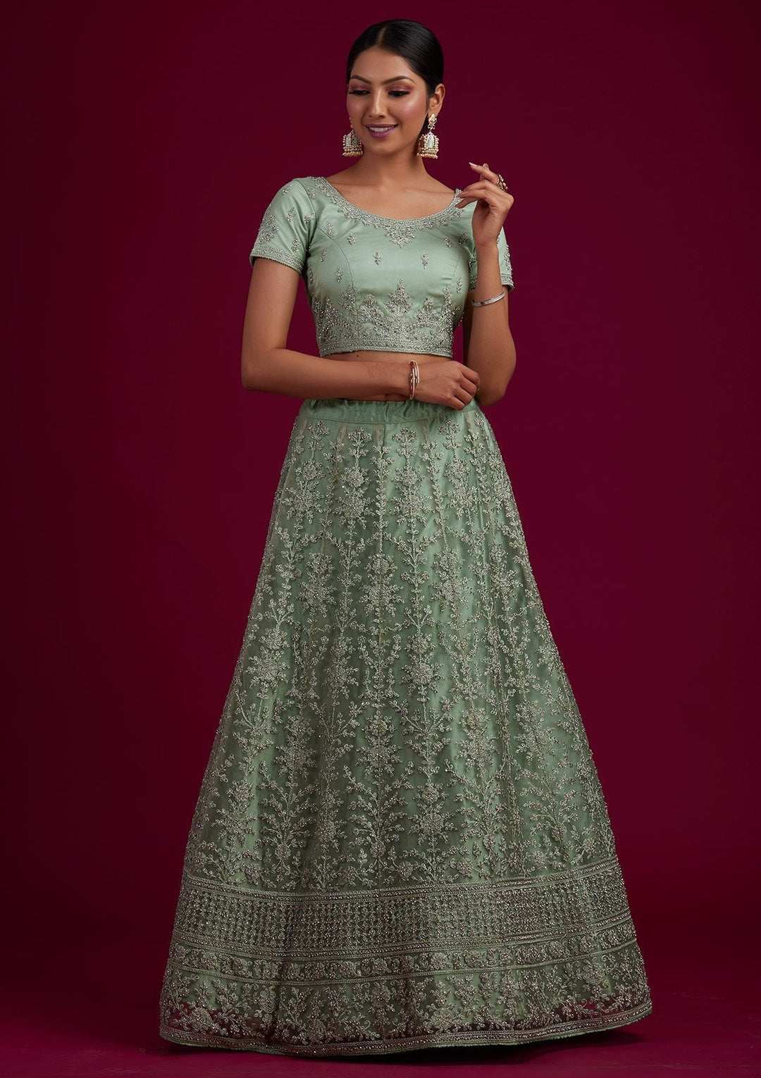 Pista Green Silver Stonework Net Designer Semi-Stitched Lehenga - koskii