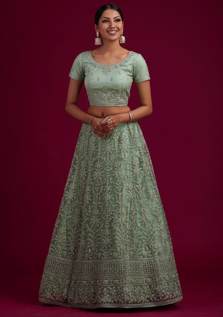 Pista Green Silver Stonework Net Designer Semi-Stitched Lehenga - koskii