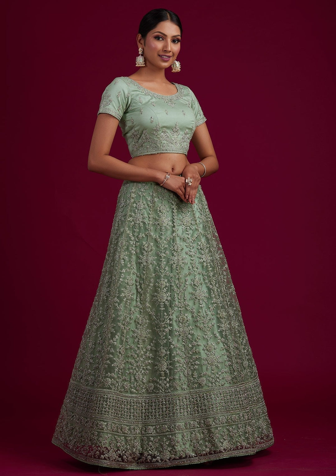 Pista Green Silver Stonework Net Designer Semi-Stitched Lehenga - koskii