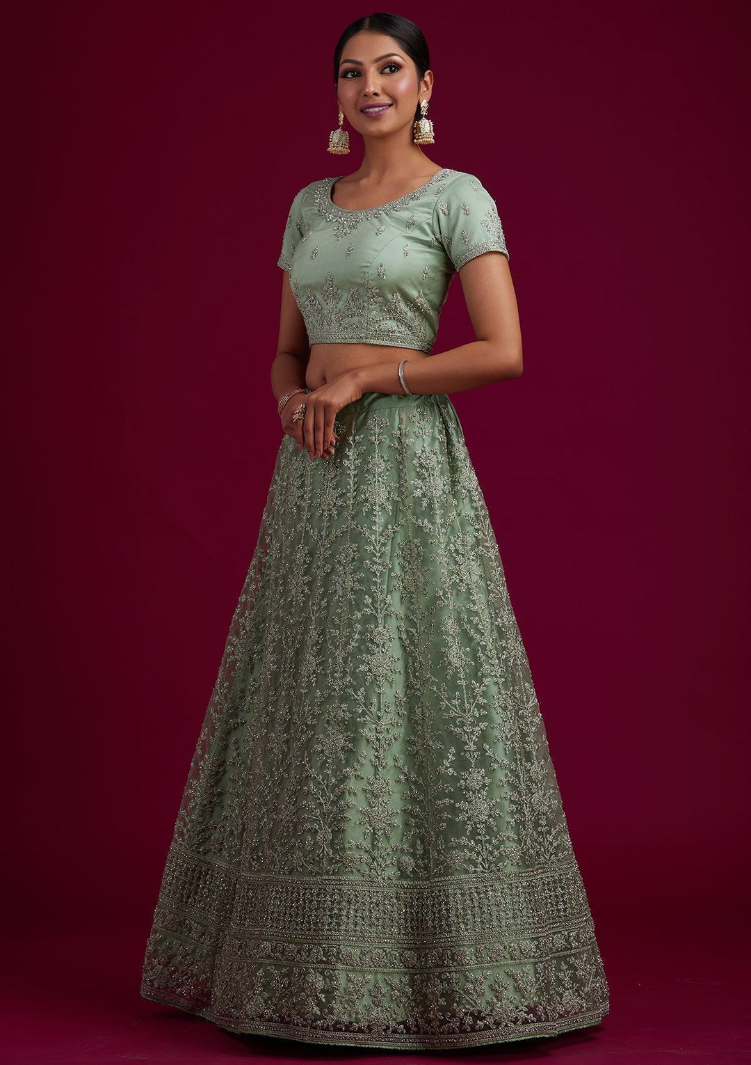 Pista Green Silver Stonework Net Designer Semi-Stitched Lehenga - koskii