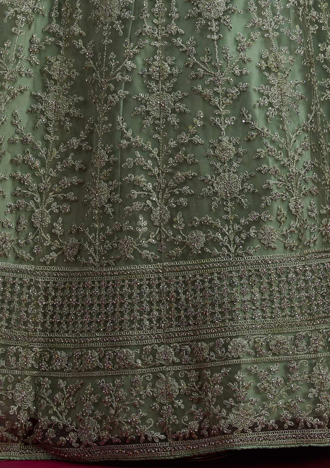 Pista Green Silver Stonework Net Designer Semi-Stitched Lehenga - koskii