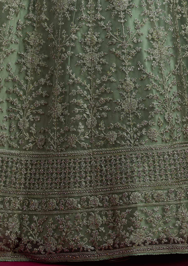 Pista Green Silver Stonework Net Designer Semi-Stitched Lehenga - koskii