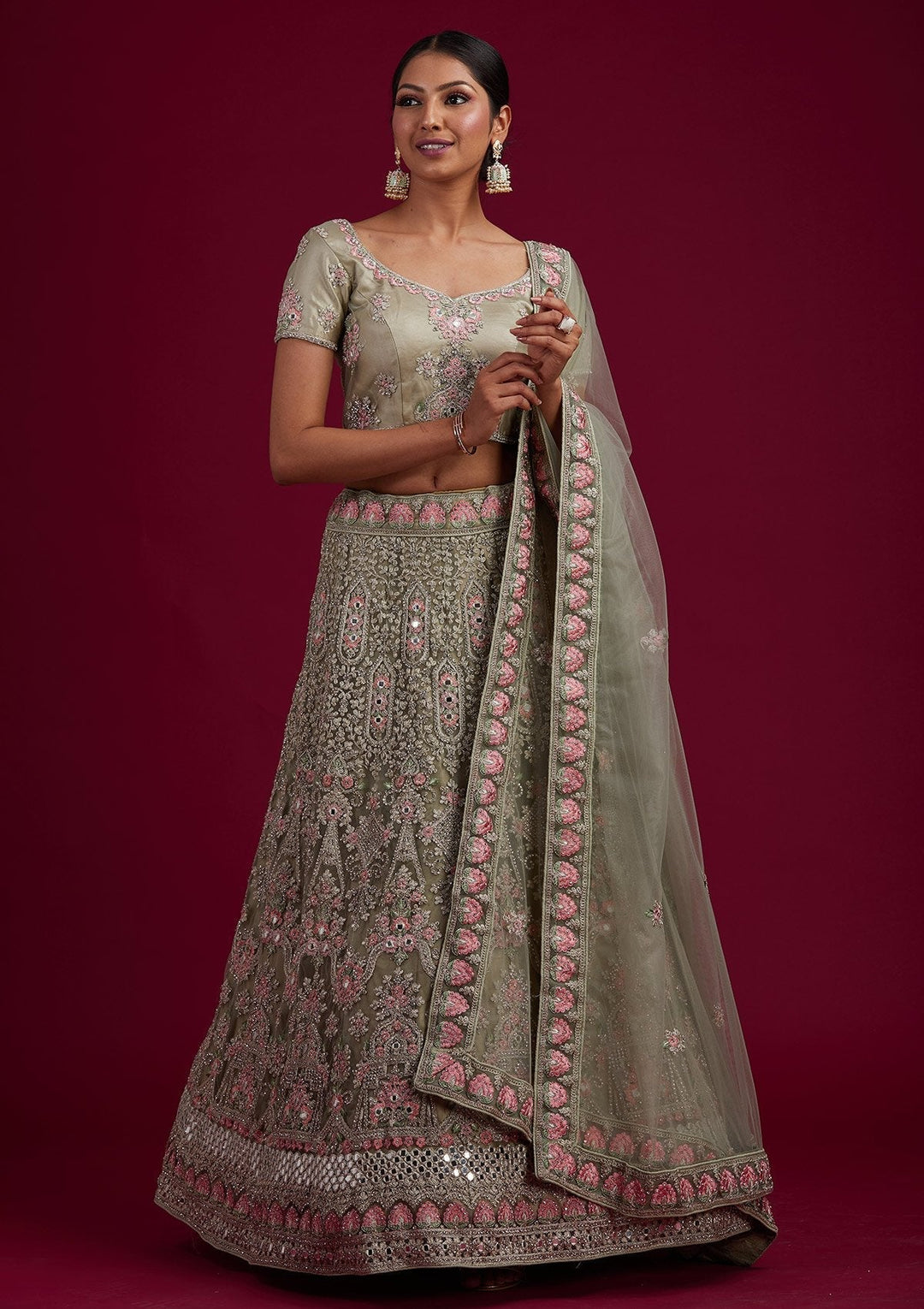 Pista Green Silver Stonework Net Designer Semi-Stitched Lehenga - koskii