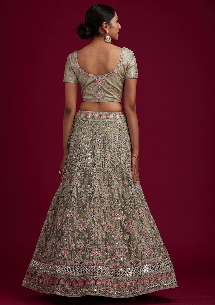 Pista Green Silver Stonework Net Designer Semi-Stitched Lehenga - koskii