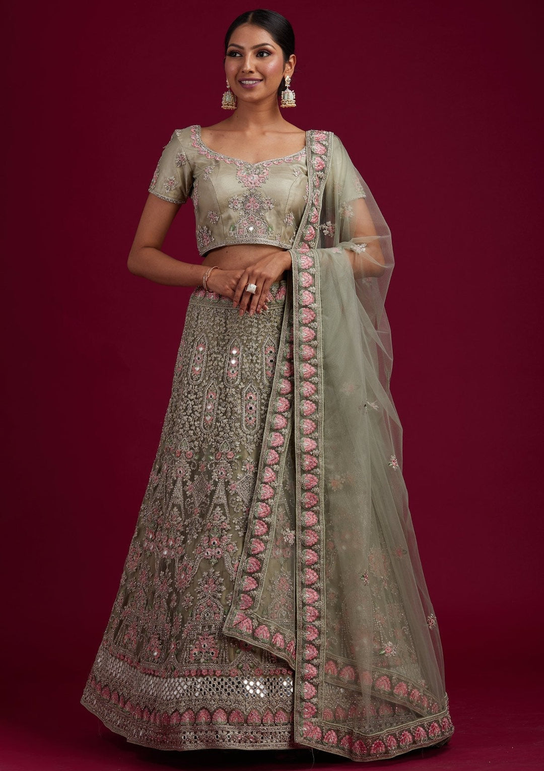 Pista Green Silver Stonework Net Designer Semi-Stitched Lehenga - koskii