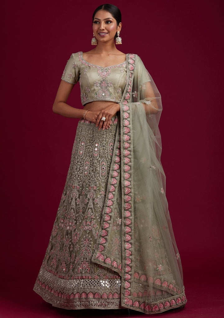 Pista Green Silver Stonework Net Designer Semi-Stitched Lehenga - koskii