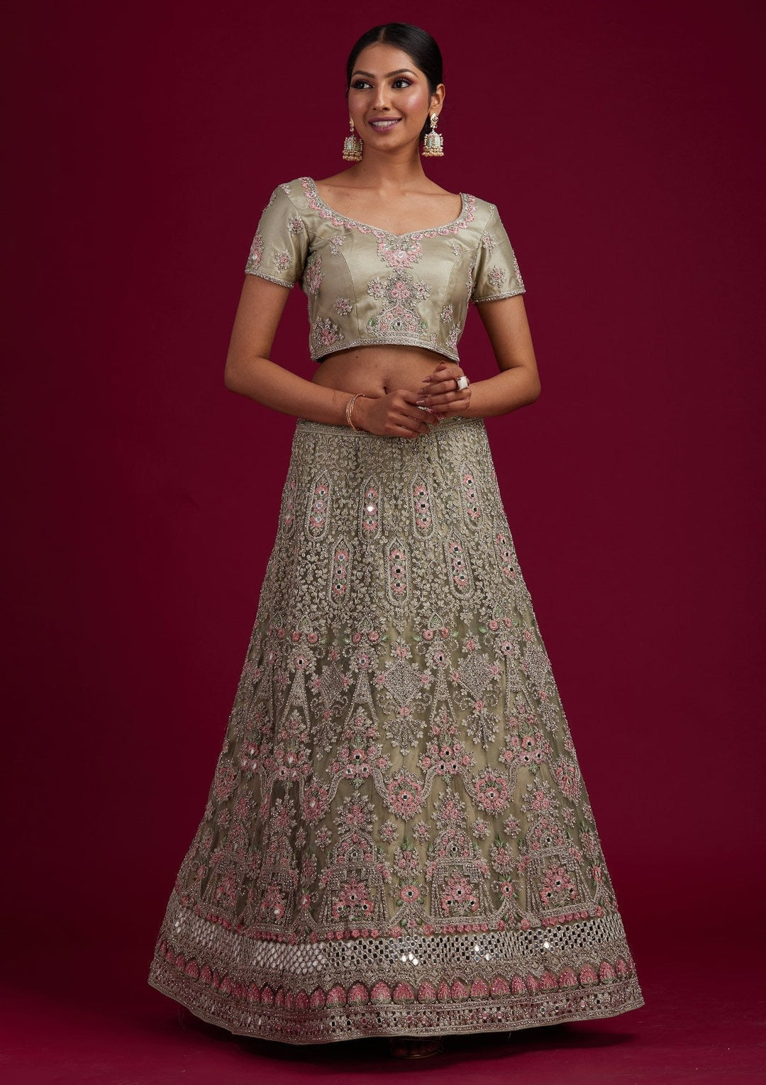 Pista Green Silver Stonework Net Designer Semi-Stitched Lehenga - koskii