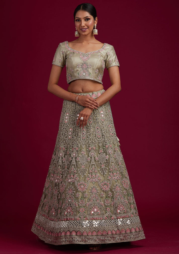Pista Green Silver Stonework Net Designer Semi-Stitched Lehenga - koskii