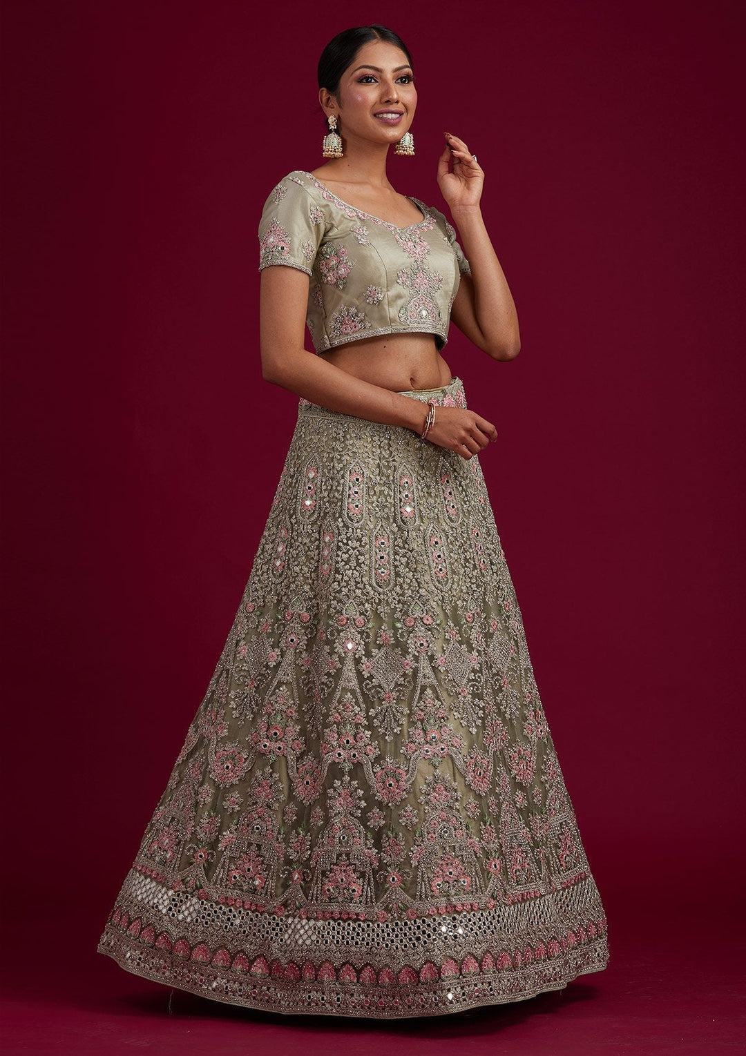 Pista Green Silver Stonework Net Designer Semi-Stitched Lehenga - koskii