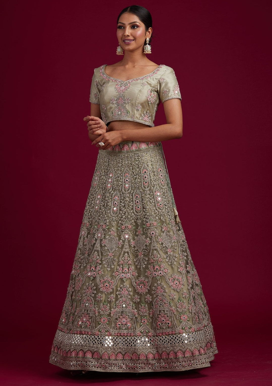 Pista Green Silver Stonework Net Designer Semi-Stitched Lehenga - koskii
