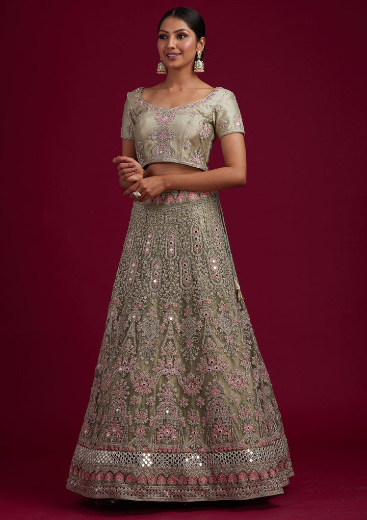 Pista Green Silver Stonework Net Designer Semi-Stitched Lehenga - koskii