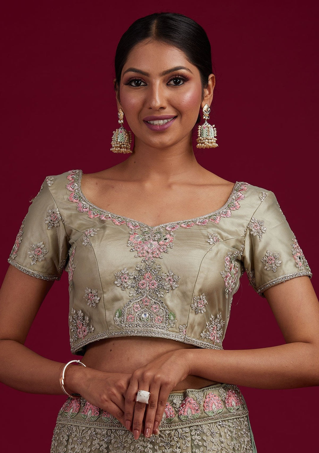 Pista Green Silver Stonework Net Designer Semi-Stitched Lehenga - koskii