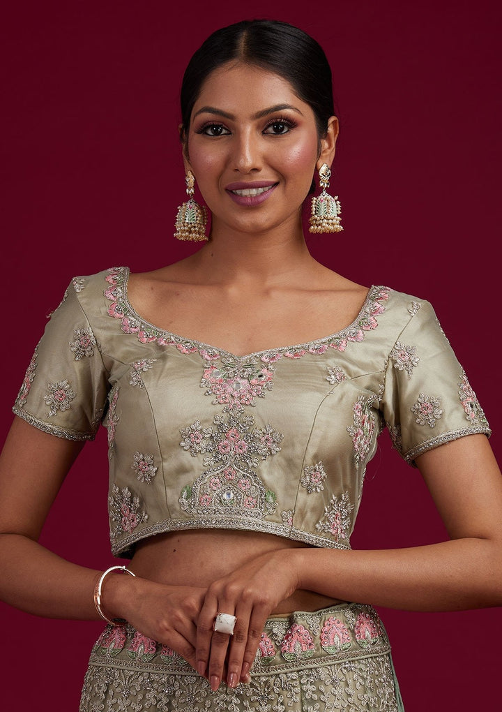Pista Green Silver Stonework Net Designer Semi-Stitched Lehenga - koskii