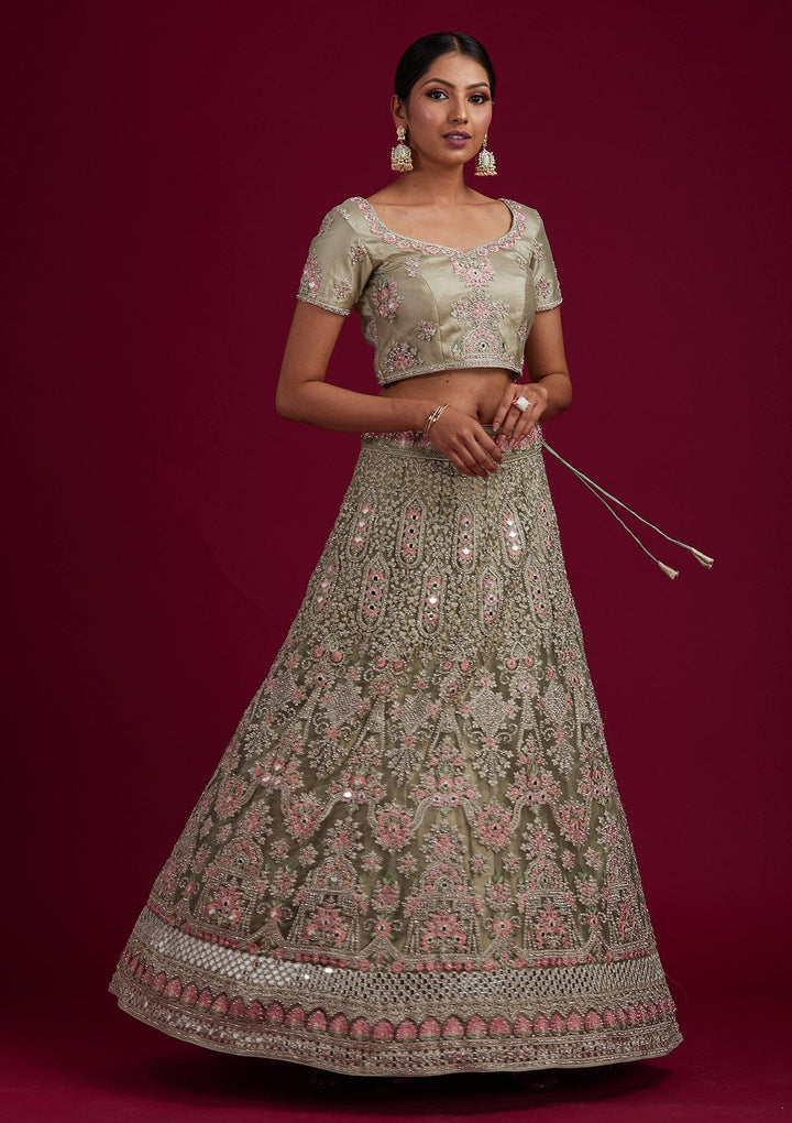 Pista Green Silver Stonework Net Designer Semi-Stitched Lehenga - koskii