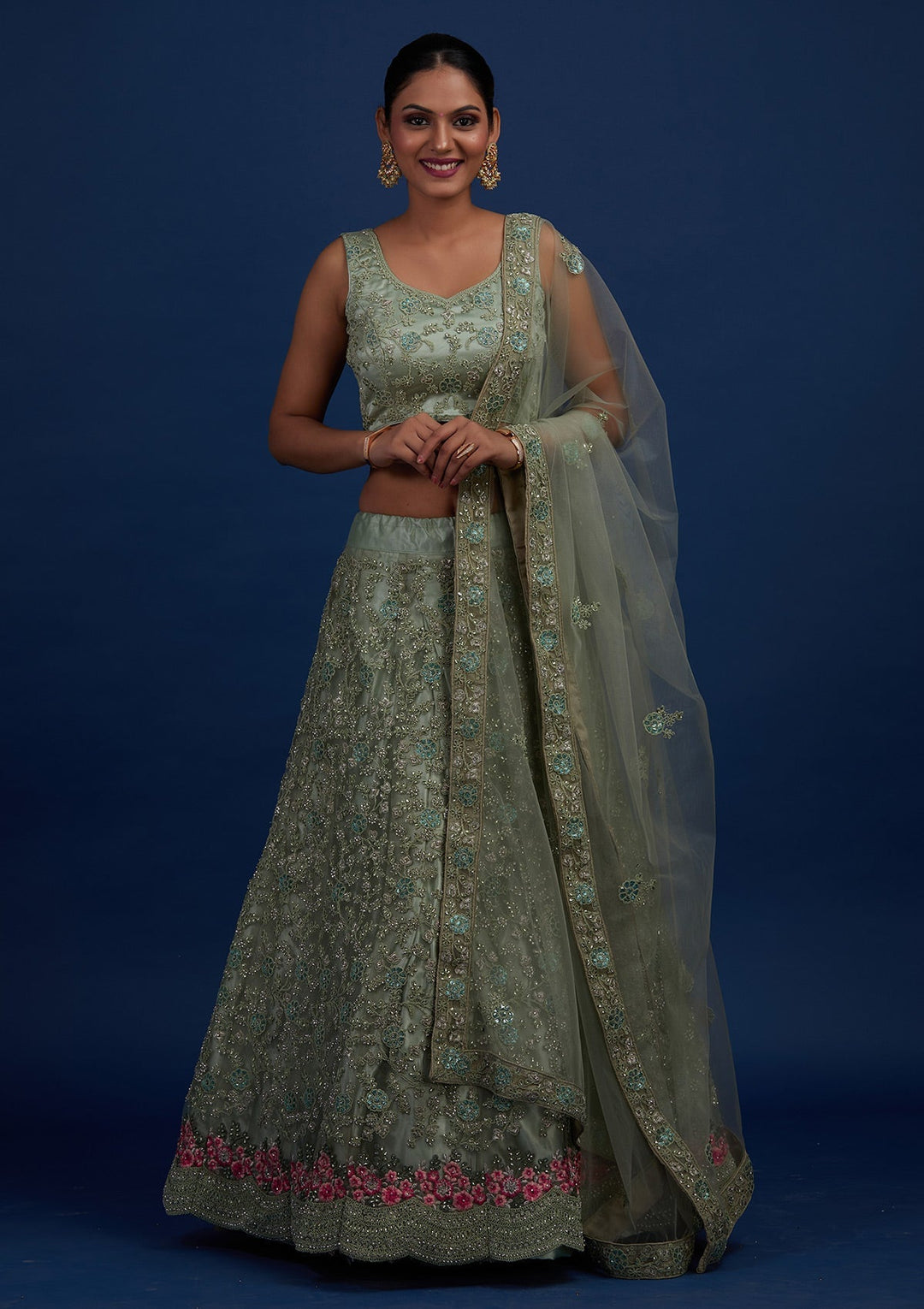 Pista Green Silver Stonework Net Designer Semi-Stitched Lehenga - Koskii