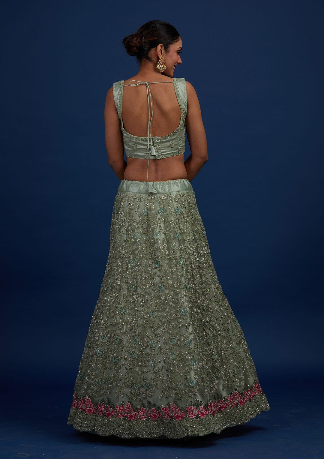 Pista Green Silver Stonework Net Designer Semi-Stitched Lehenga - Koskii