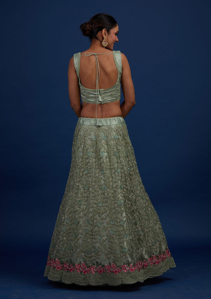 Pista Green Silver Stonework Net Designer Semi-Stitched Lehenga - Koskii