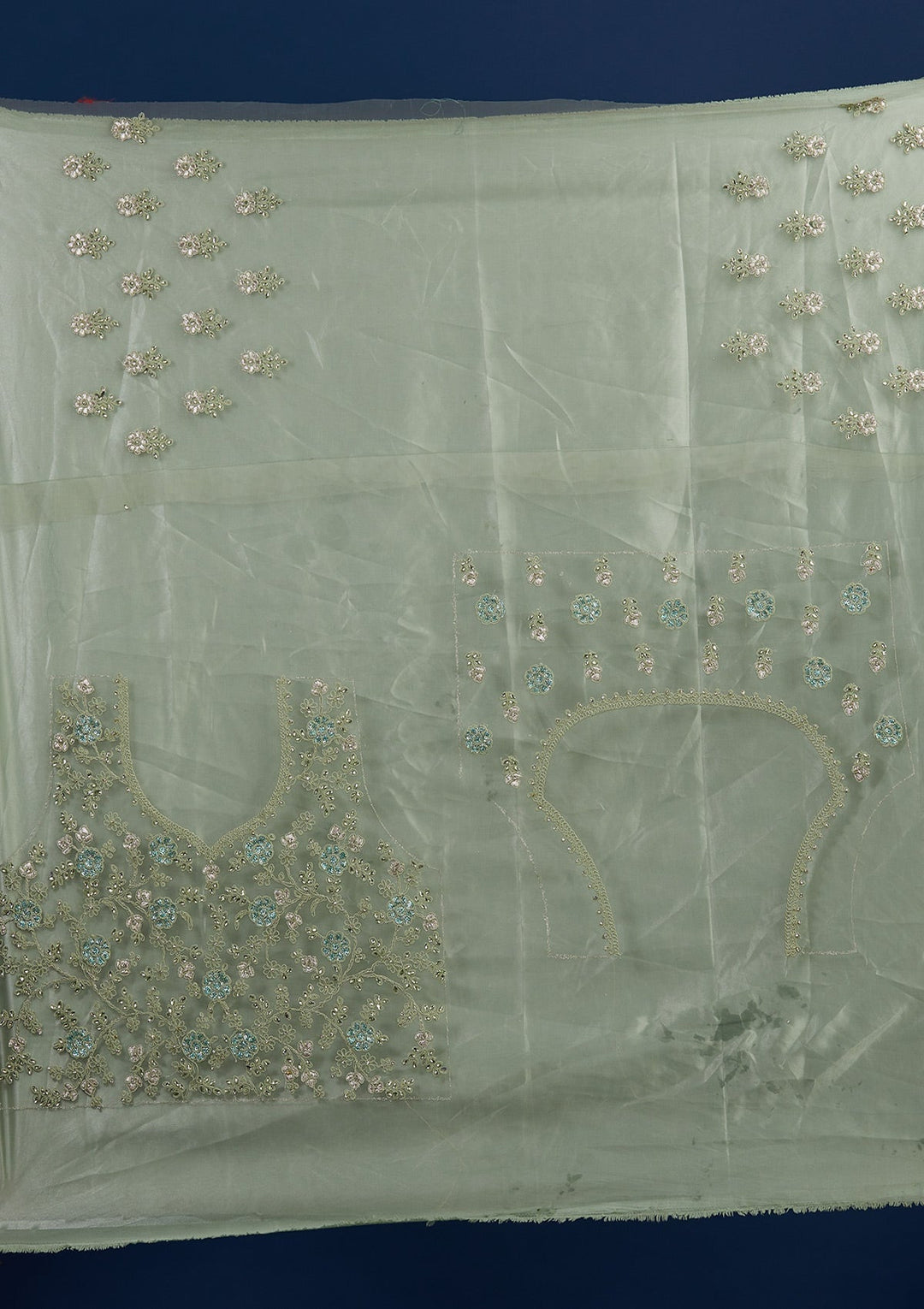 Pista Green Silver Stonework Net Designer Semi-Stitched Lehenga - Koskii