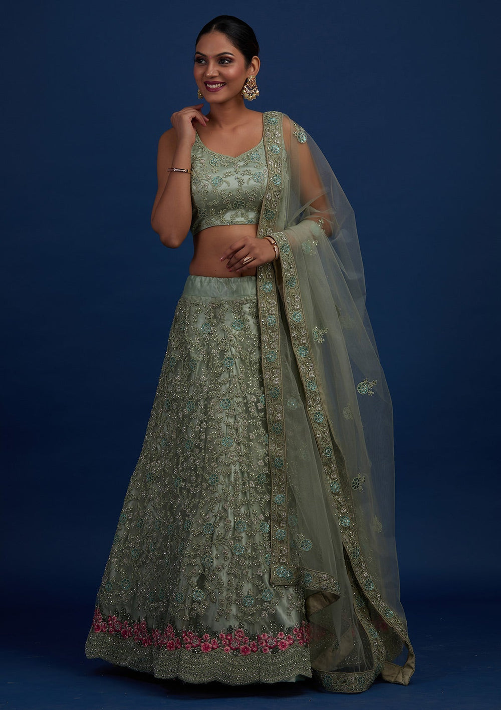 Pista Green Silver Stonework Net Designer Semi-Stitched Lehenga - Koskii