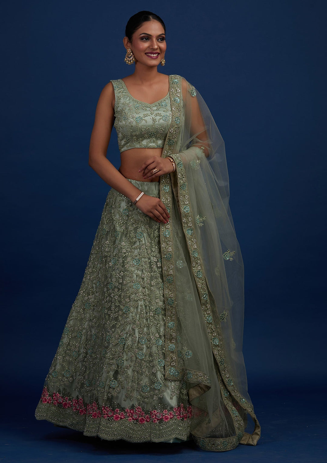 Pista Green Silver Stonework Net Designer Semi-Stitched Lehenga - Koskii