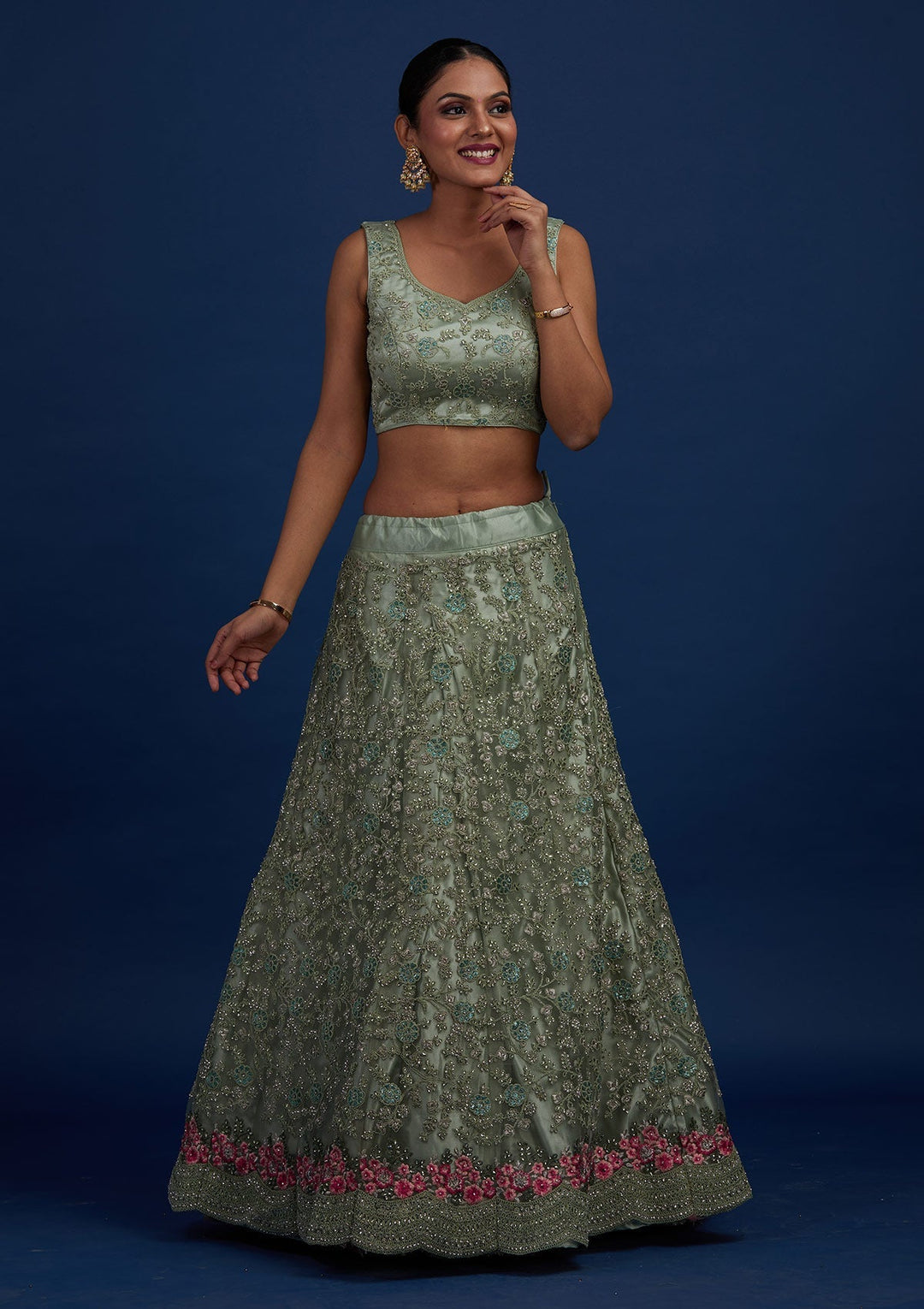 Pista Green Silver Stonework Net Designer Semi-Stitched Lehenga - Koskii