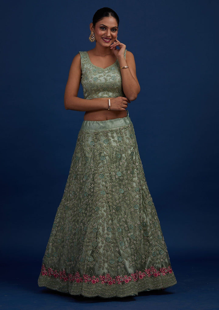 Pista Green Silver Stonework Net Designer Semi-Stitched Lehenga - Koskii