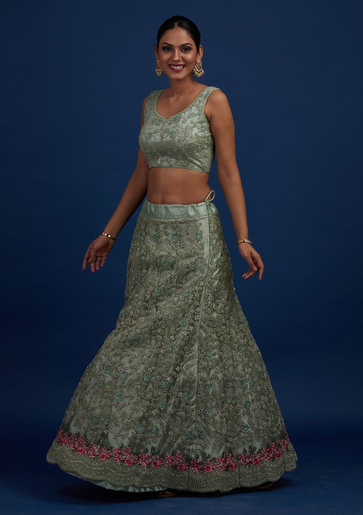 Pista Green Silver Stonework Net Designer Semi-Stitched Lehenga - Koskii