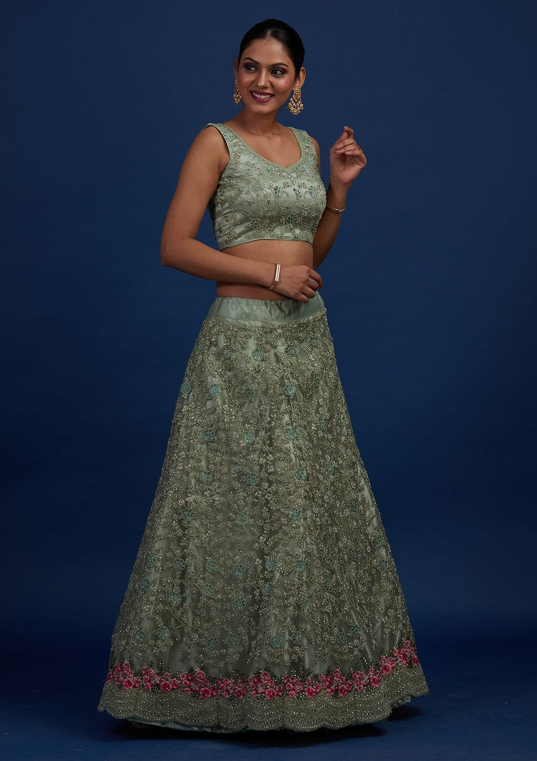Pista Green Silver Stonework Net Designer Semi-Stitched Lehenga - Koskii