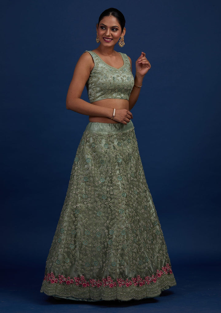 Pista Green Silver Stonework Net Designer Semi-Stitched Lehenga - Koskii