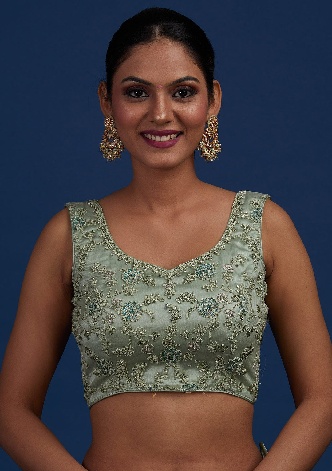 Pista Green Silver Stonework Net Designer Semi-Stitched Lehenga - Koskii