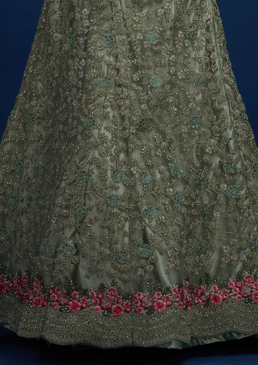 Pista Green Silver Stonework Net Designer Semi-Stitched Lehenga - Koskii