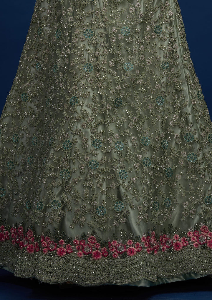 Pista Green Silver Stonework Net Designer Semi-Stitched Lehenga - Koskii