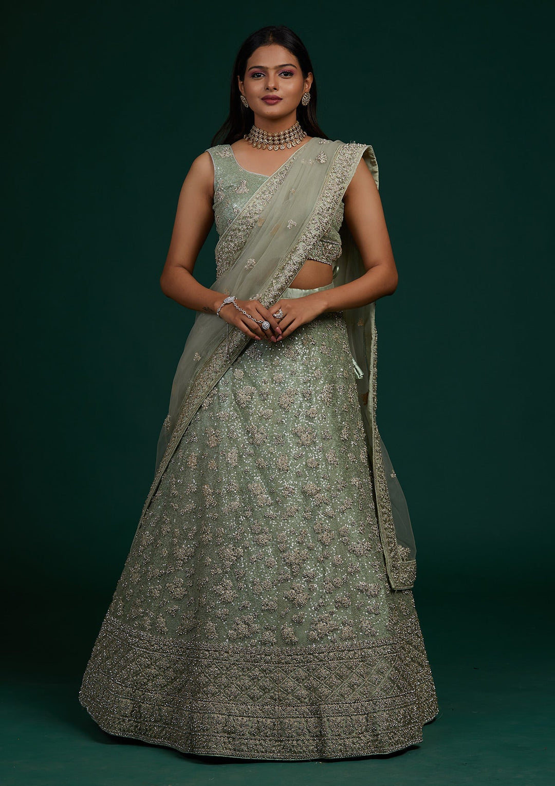 Pista Green Silver Stonework Net Designer Lehenga-Koskii
