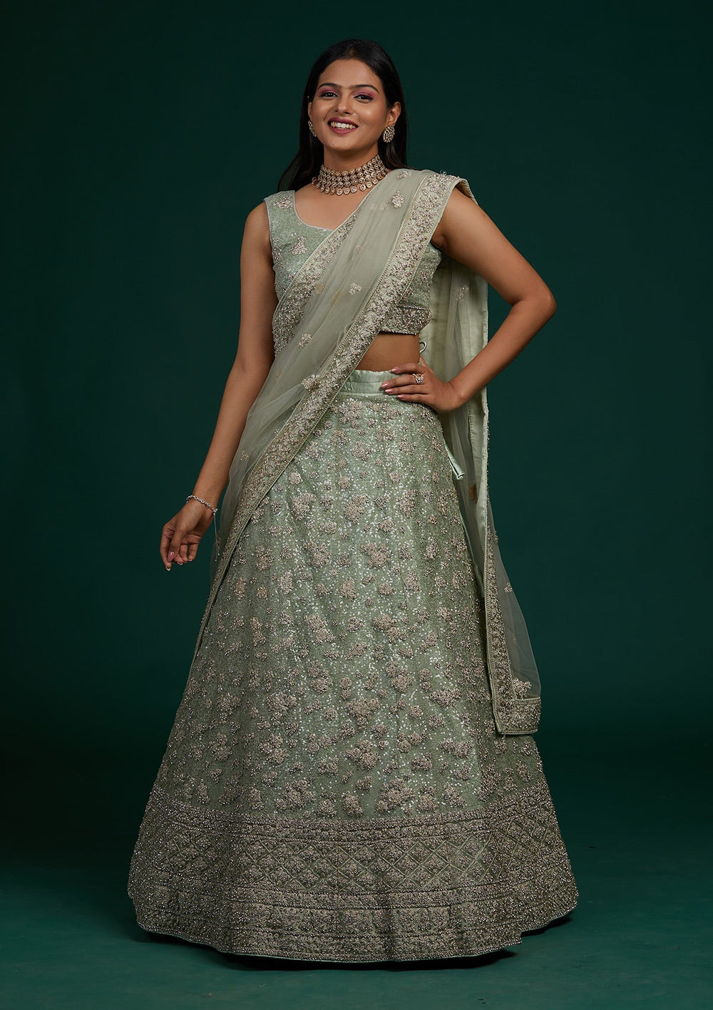 Pista Green Silver Stonework Net Designer Lehenga-Koskii
