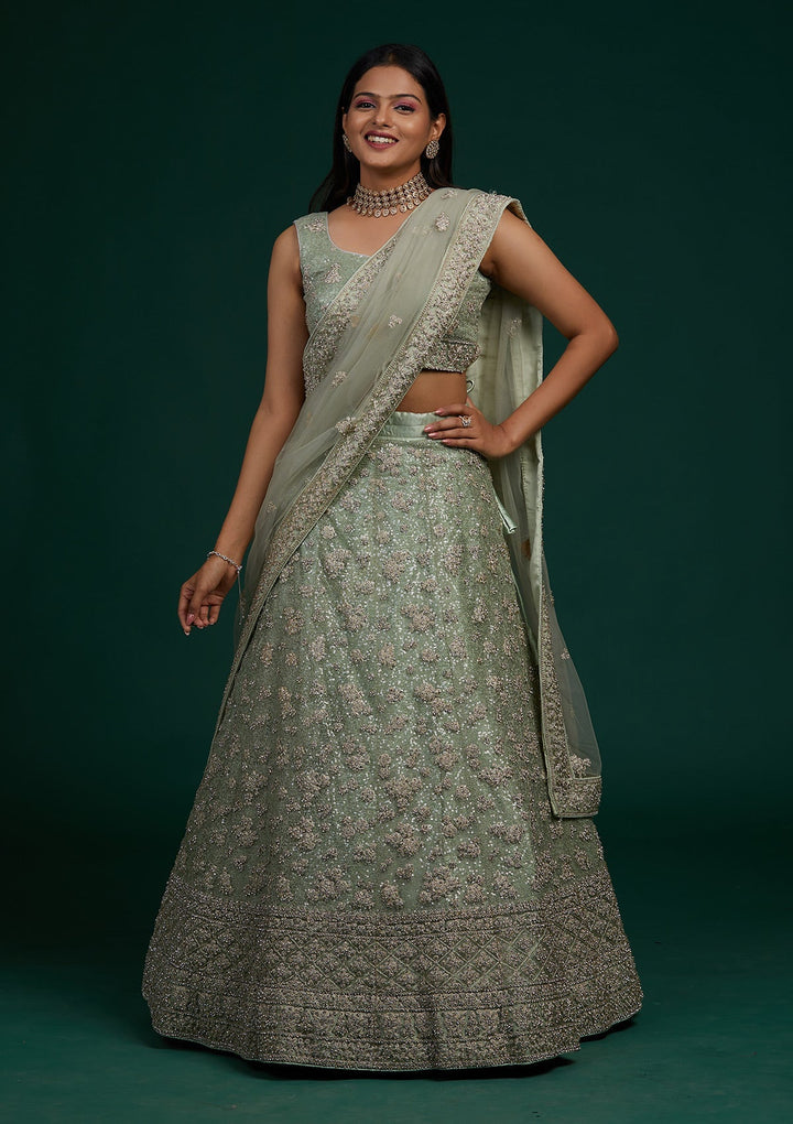 Pista Green Silver Stonework Net Designer Lehenga-Koskii