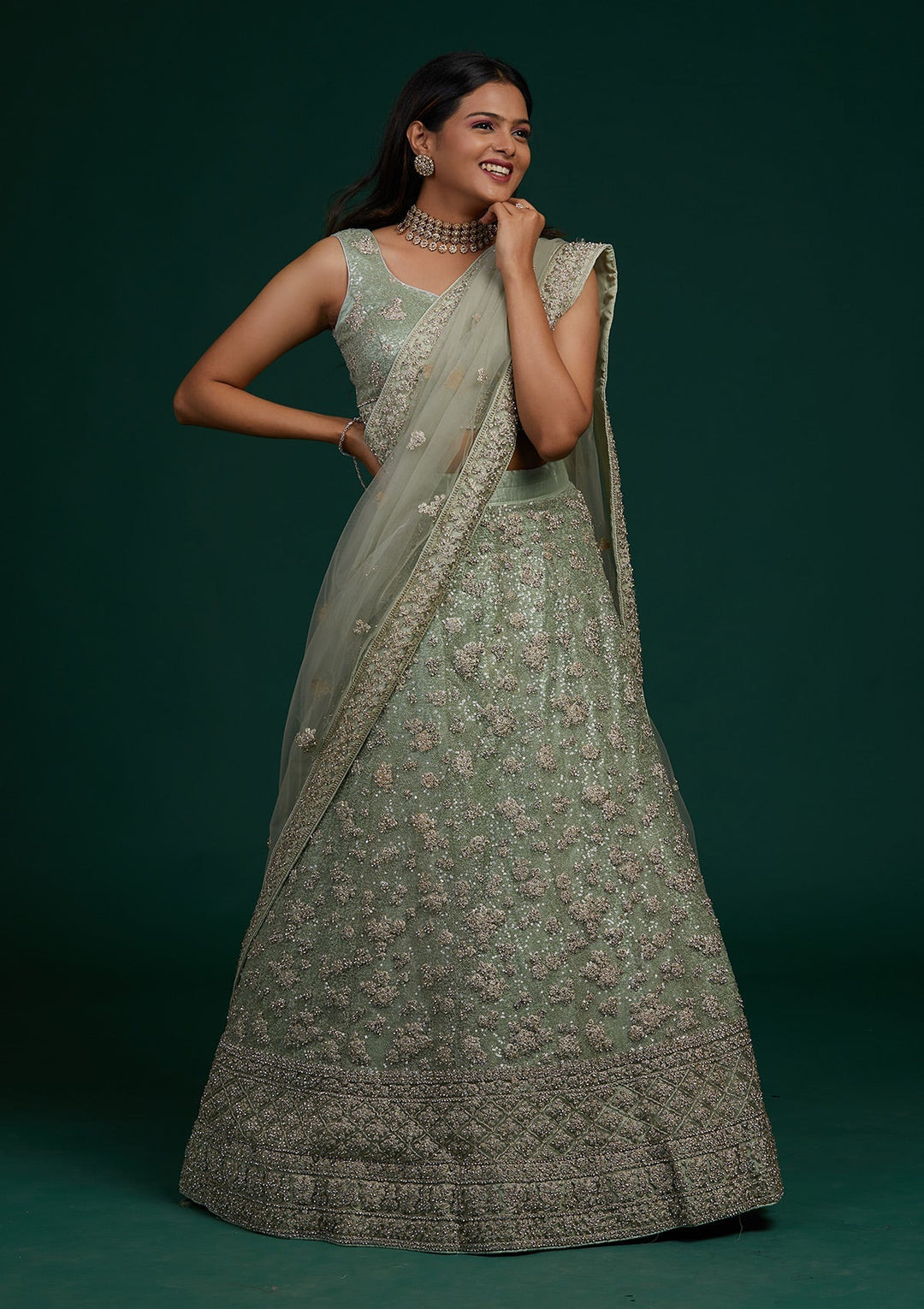 Pista Green Silver Stonework Net Designer Lehenga-Koskii