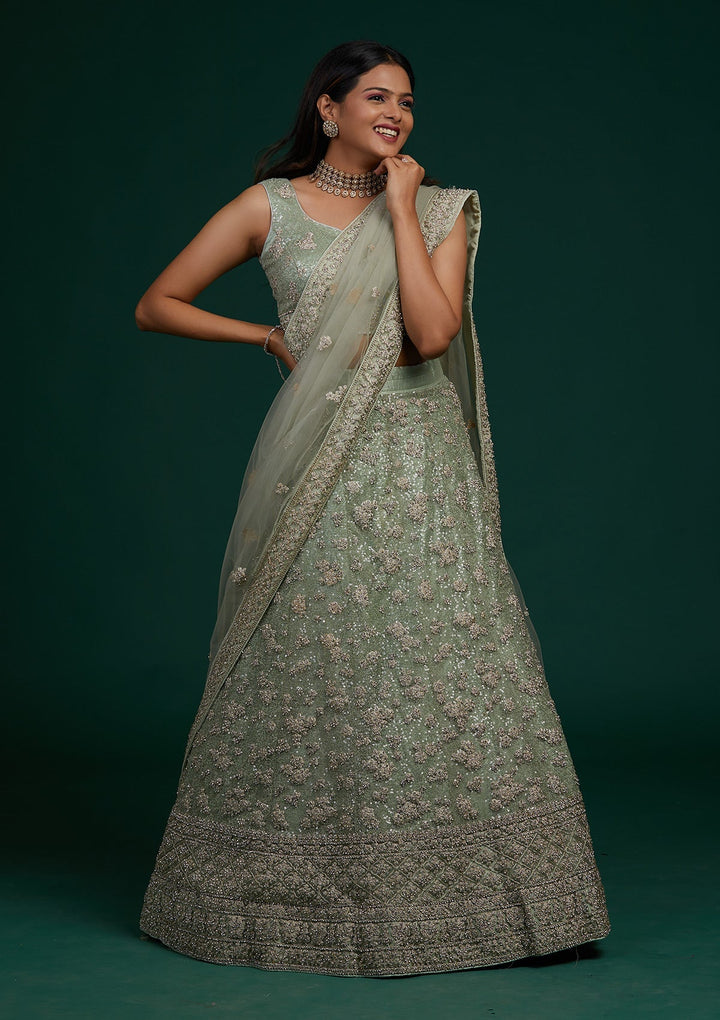 Pista Green Silver Stonework Net Designer Lehenga-Koskii