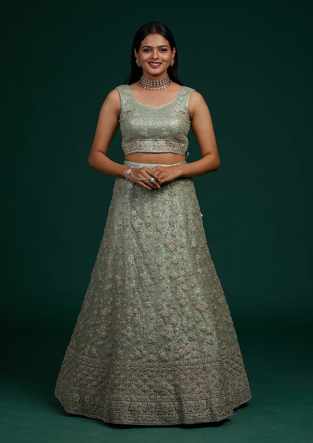 Pista Green Silver Stonework Net Designer Lehenga-Koskii