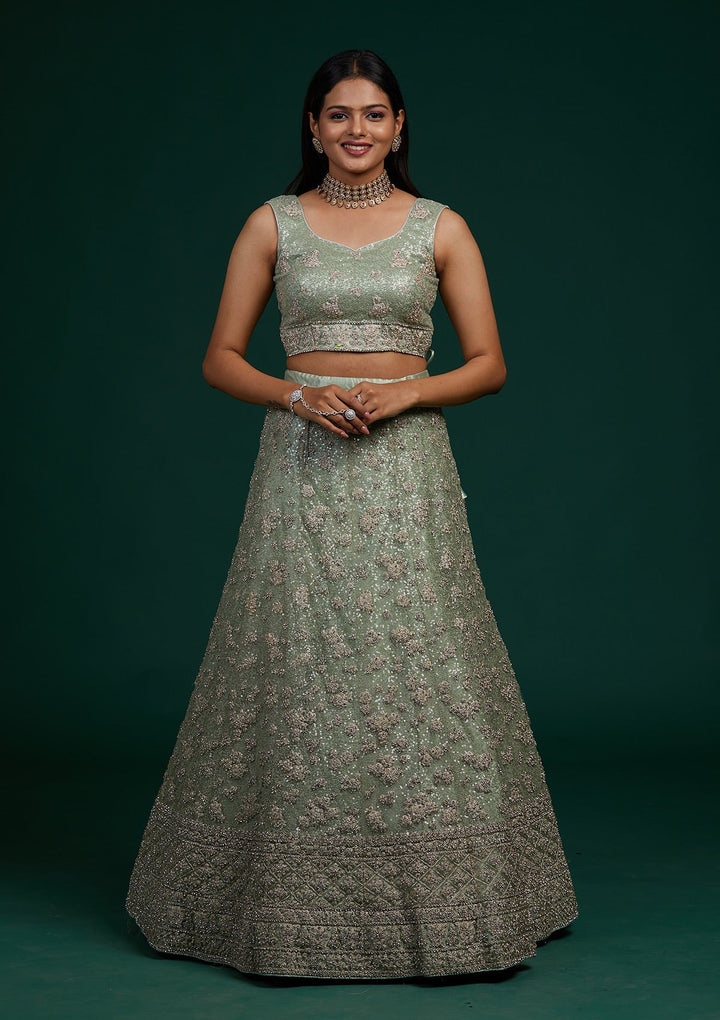 Pista Green Silver Stonework Net Designer Lehenga-Koskii