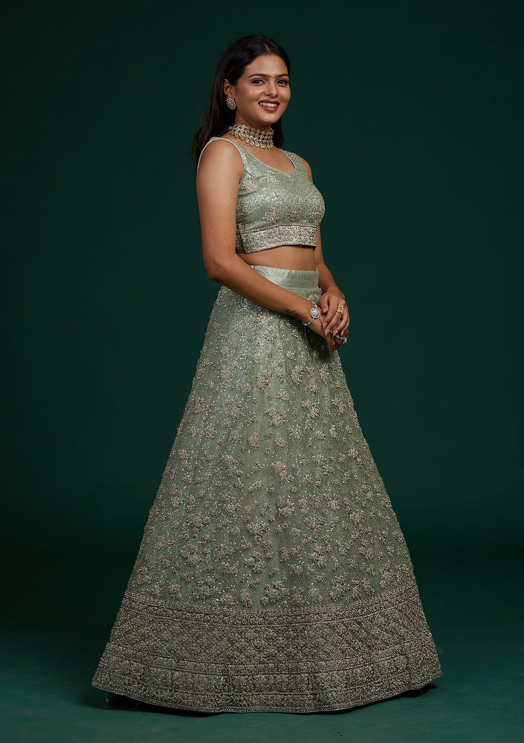 Pista Green Silver Stonework Net Designer Lehenga-Koskii